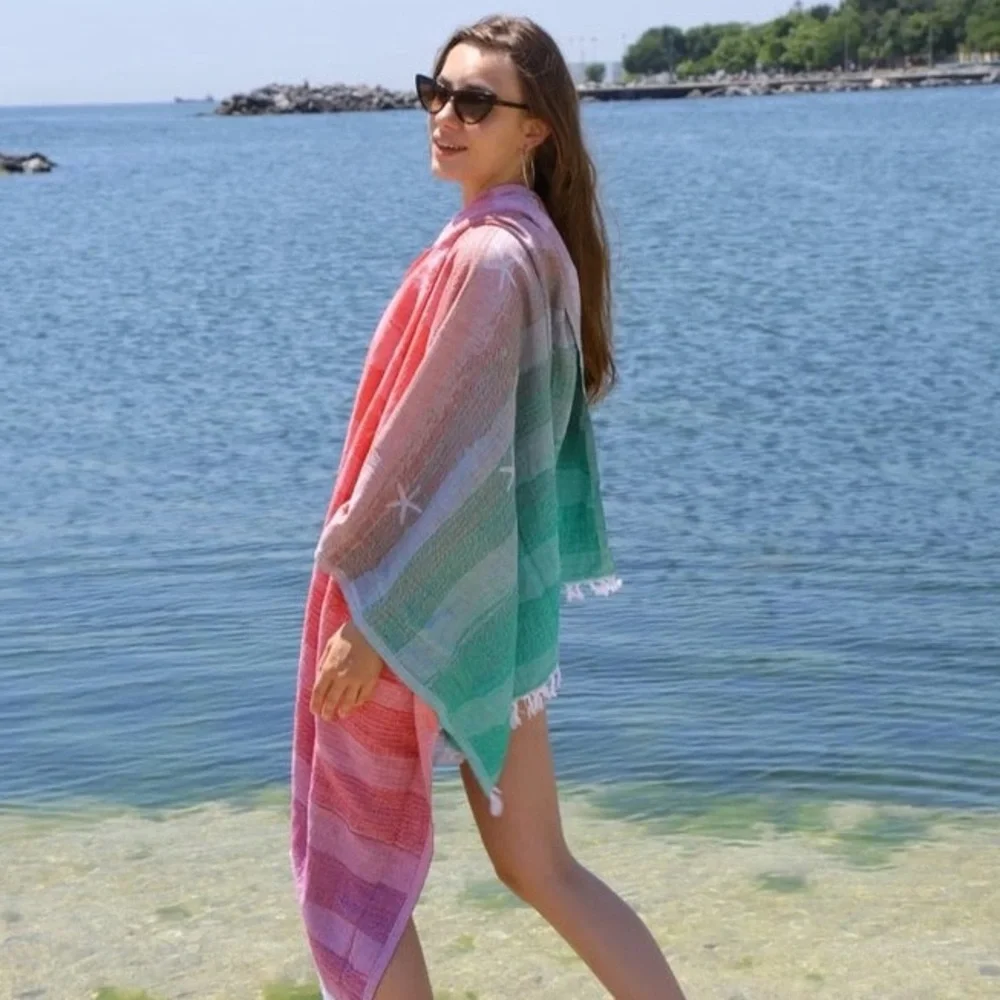 Star Fish Florida Rainbows Woven 2 Side Rainbow Scarf Wrap Blanket Towel NEW